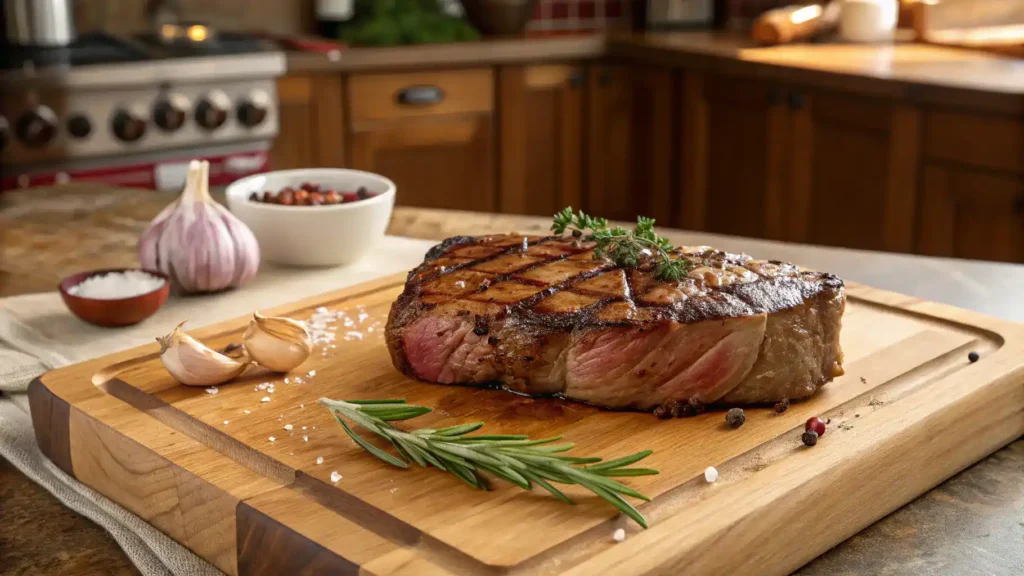 A beautifully cooked ribeye steak resting on a wooden cutting board, garnished with herbs and garlic.