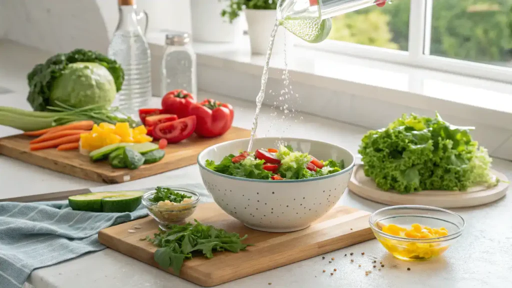 A step-by-step process of making a fresh salad, showcasing washing greens, chopping vegetables, and mixing dressing.