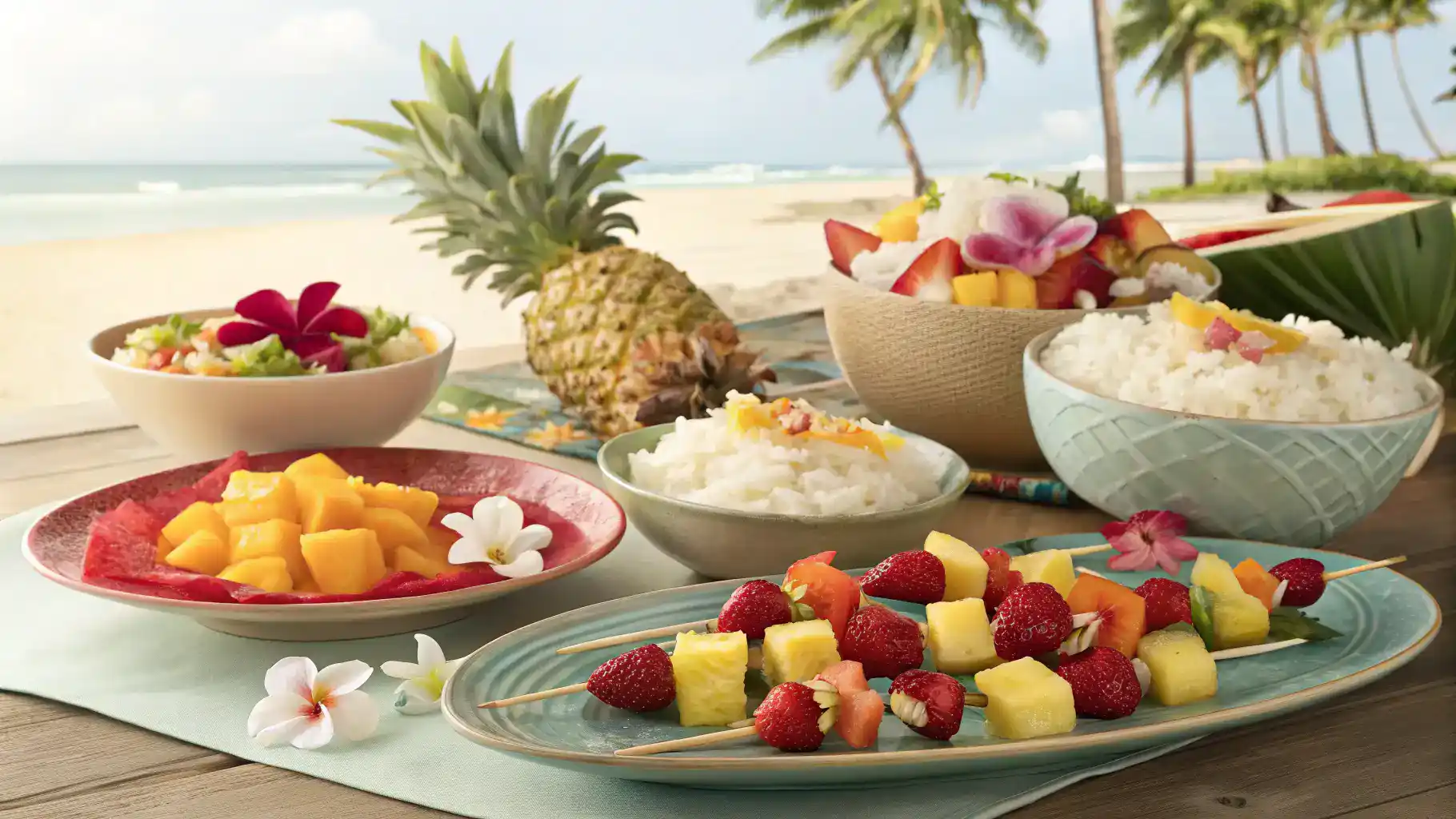 Serving suggestions for a Hawaiian meal, featuring tropical fruit skewers and coconut rice.