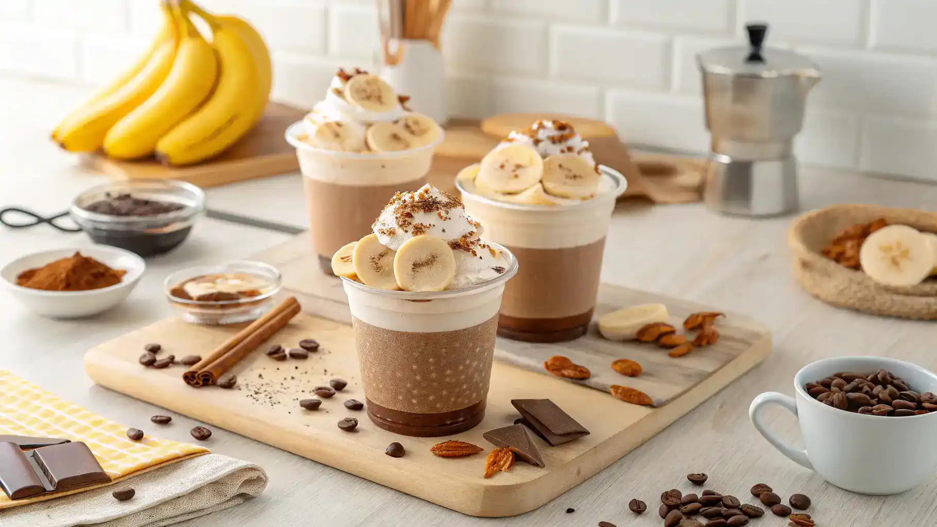 Different ways to serve banana coffee with various toppings and pairings.