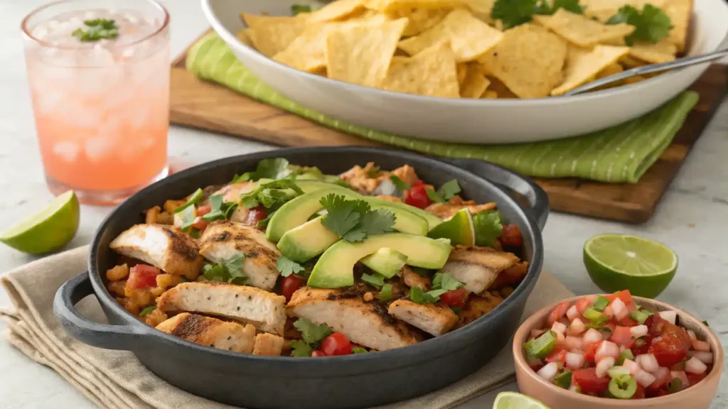 Chicken Fiesta served with toppings and sides.