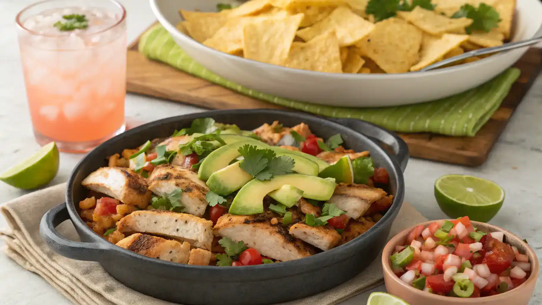 Chicken Fiesta served with toppings and sides.