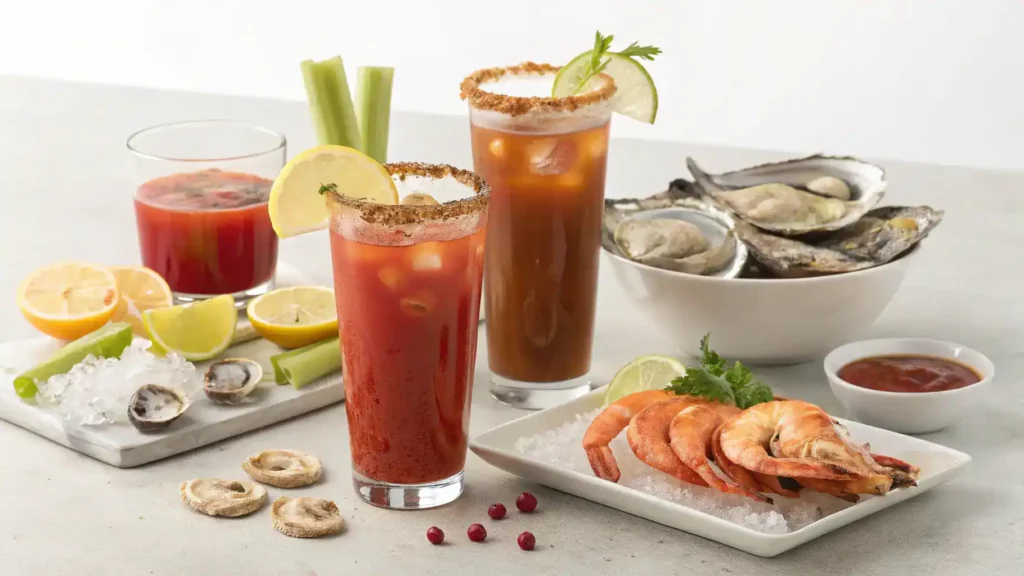 Different ways to serve a Clamato drink with garnishes and food pairings.