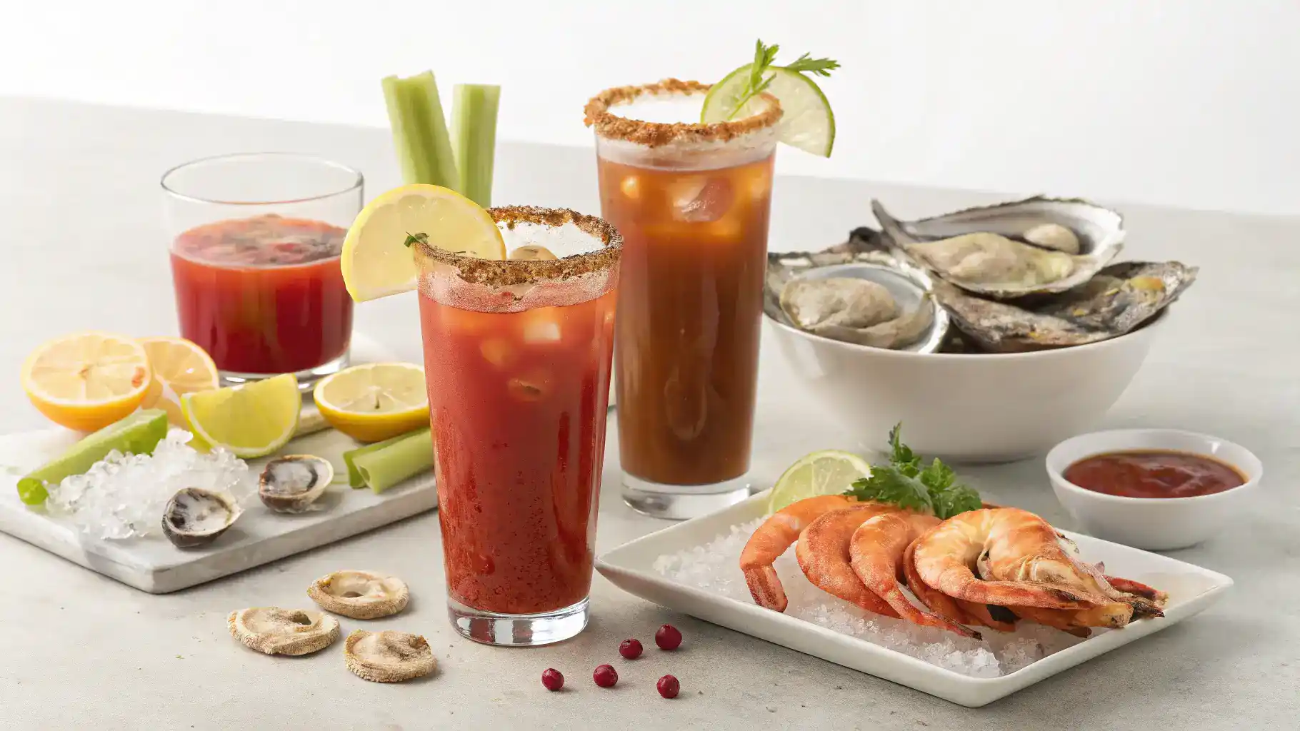 Different ways to serve a Clamato drink with garnishes and food pairings.
