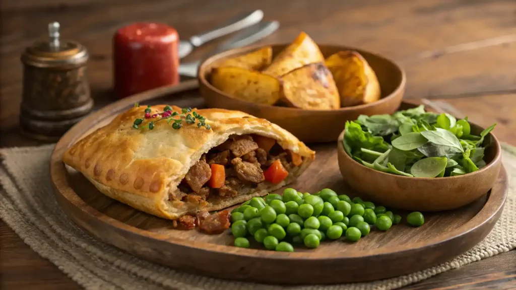 Cornish pasty served with salad, chutney, and mashed potatoes.