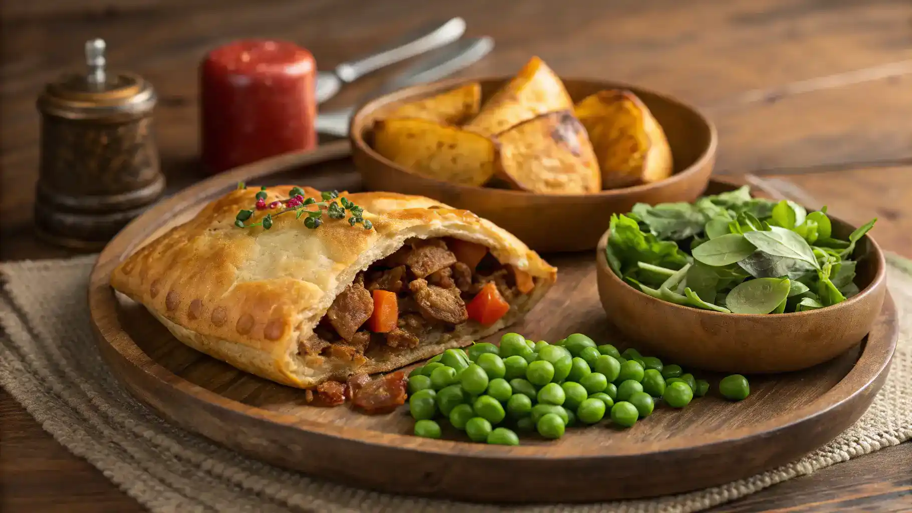 Cornish pasty served with salad, chutney, and mashed potatoes.