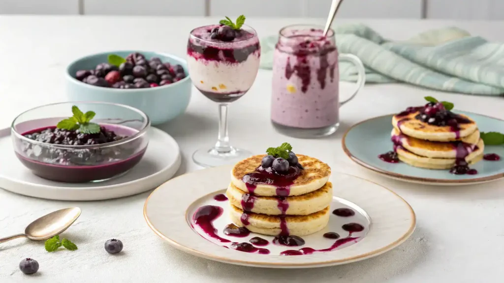 Different serving suggestions for creme de cassis, including pancakes and cocktails.