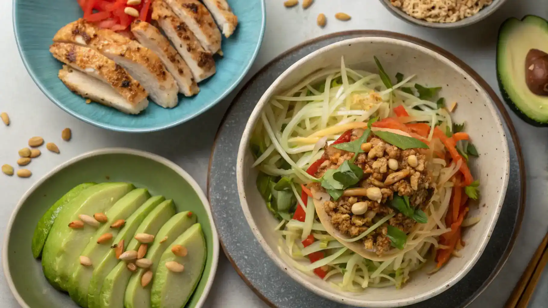 Serving suggestions for green papaya salad with various toppings.