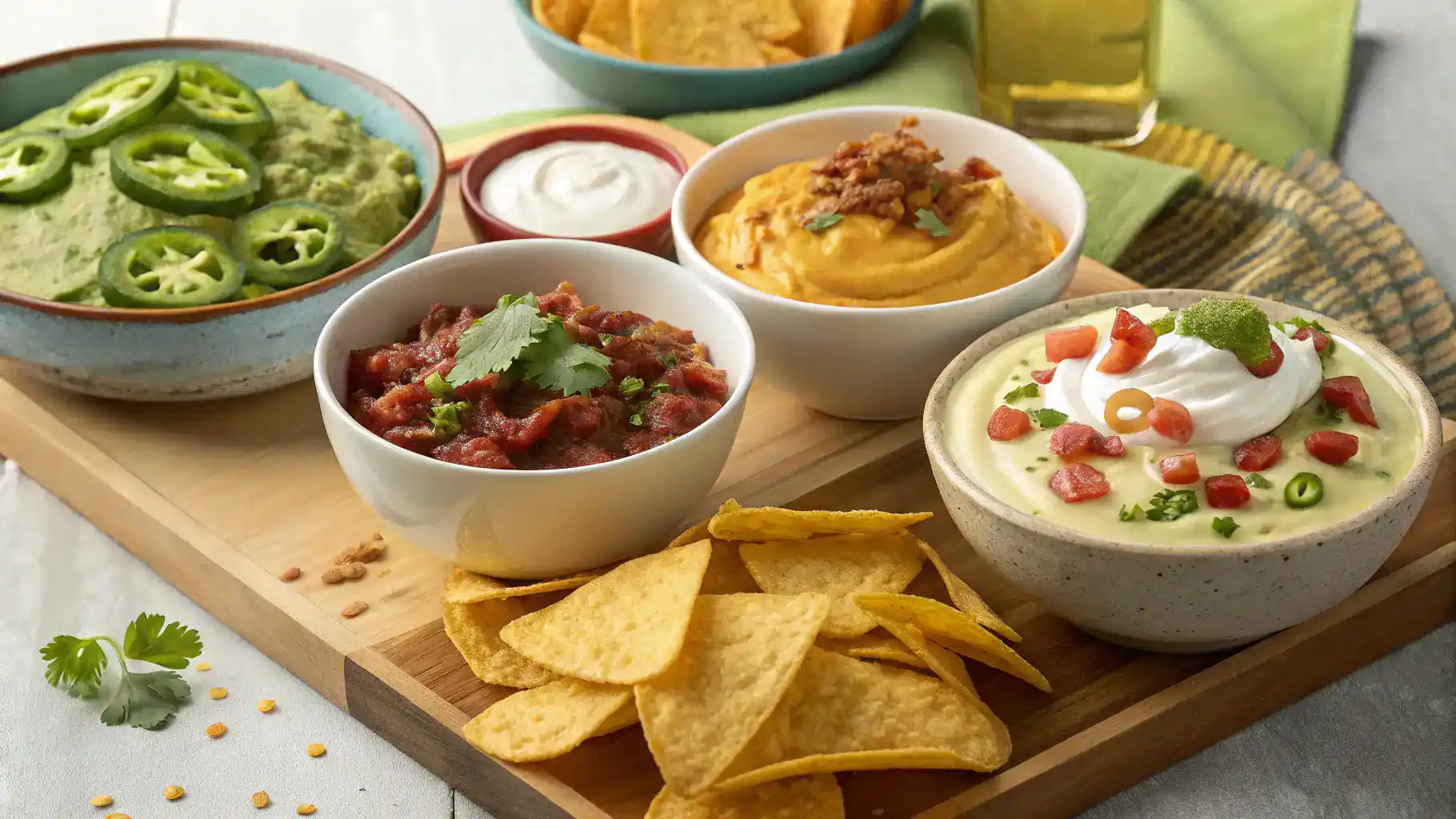 Different serving suggestions for hot chips, including dips and toppings.