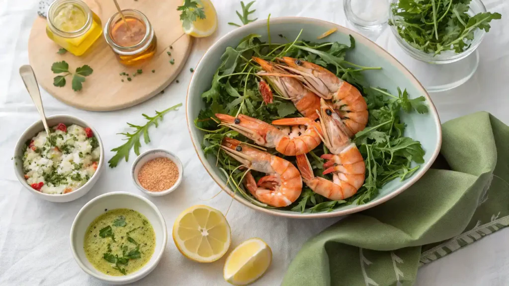 Langoustine served with arugula and dipping sauces.