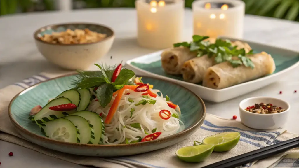 Lao Sze Chuan served with sides on a dining table.