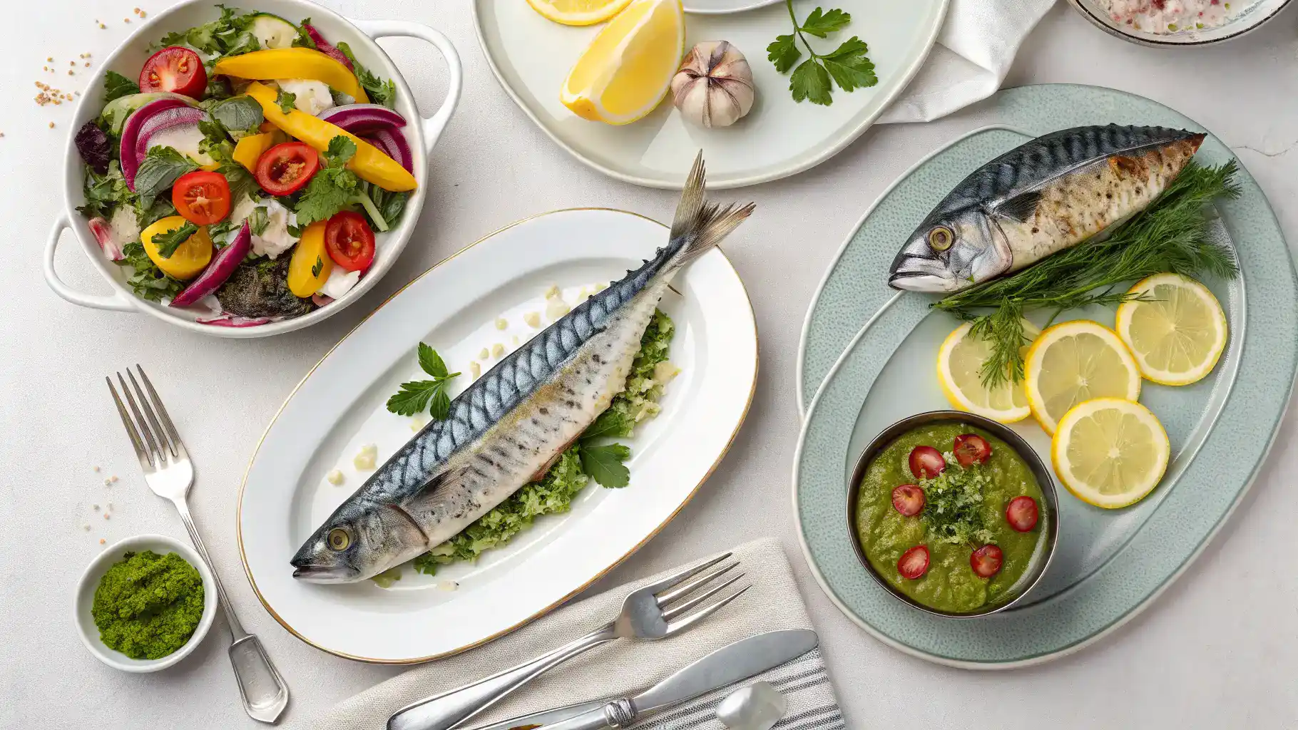 Serving suggestions for mackerel fish with salads and sauces.