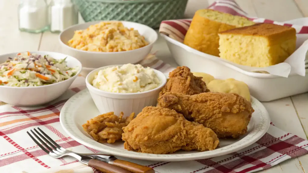 Plated Maryland Fried Chicken with sides on a rustic table.
