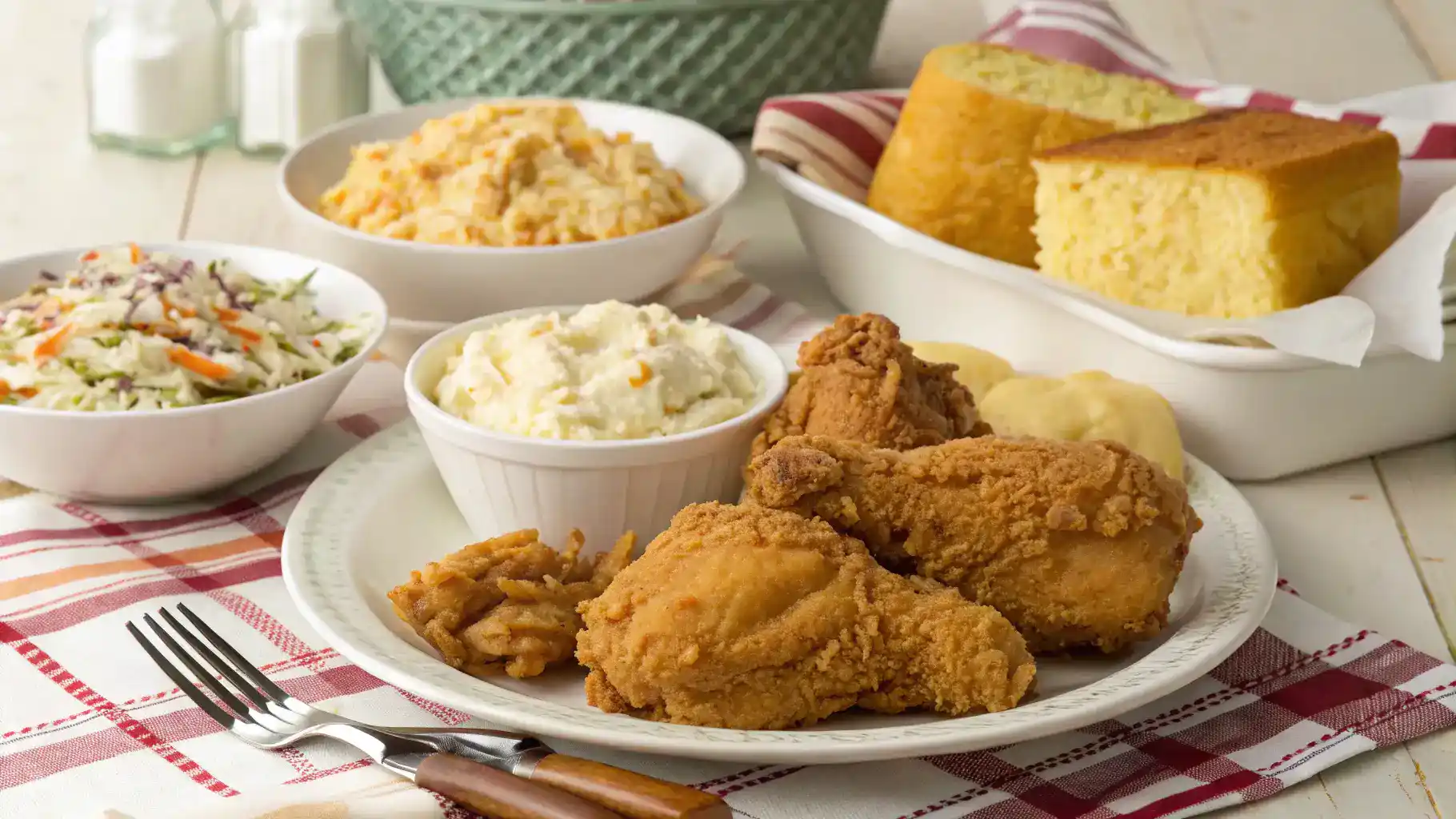 Plated Maryland Fried Chicken with sides on a rustic table.