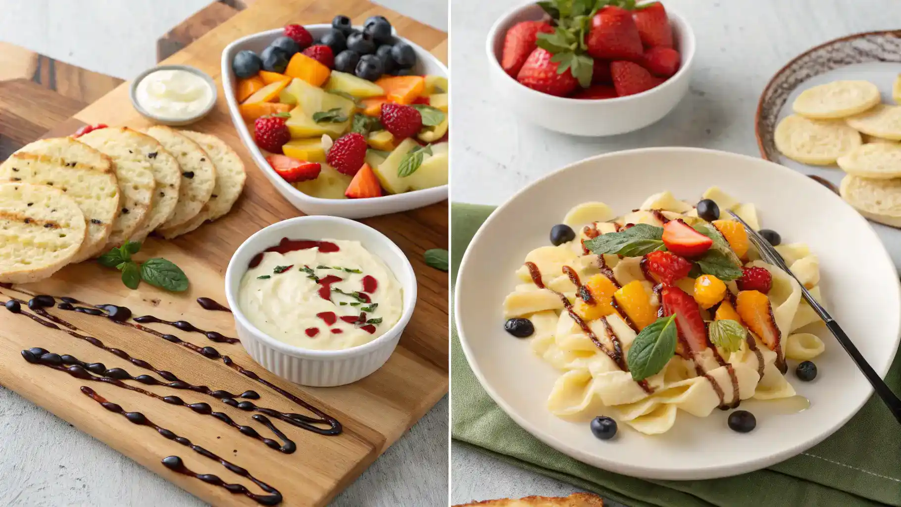 Different serving suggestions for media crema, including fruit, veggies, and pasta.