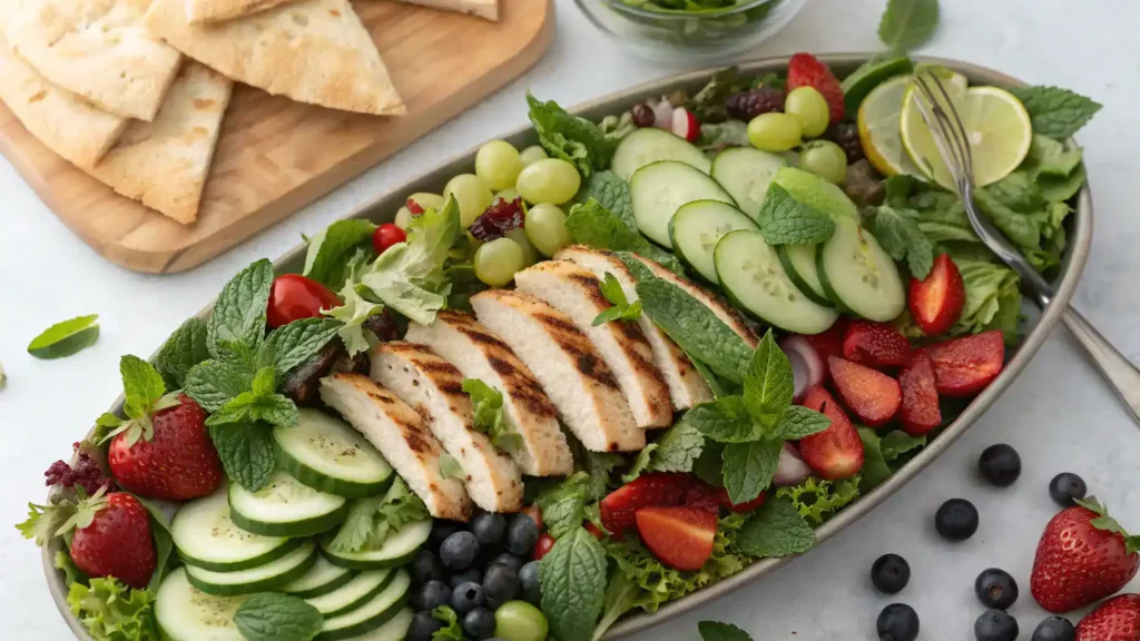Serving suggestions for minted greens salad with grilled chicken and fruits.