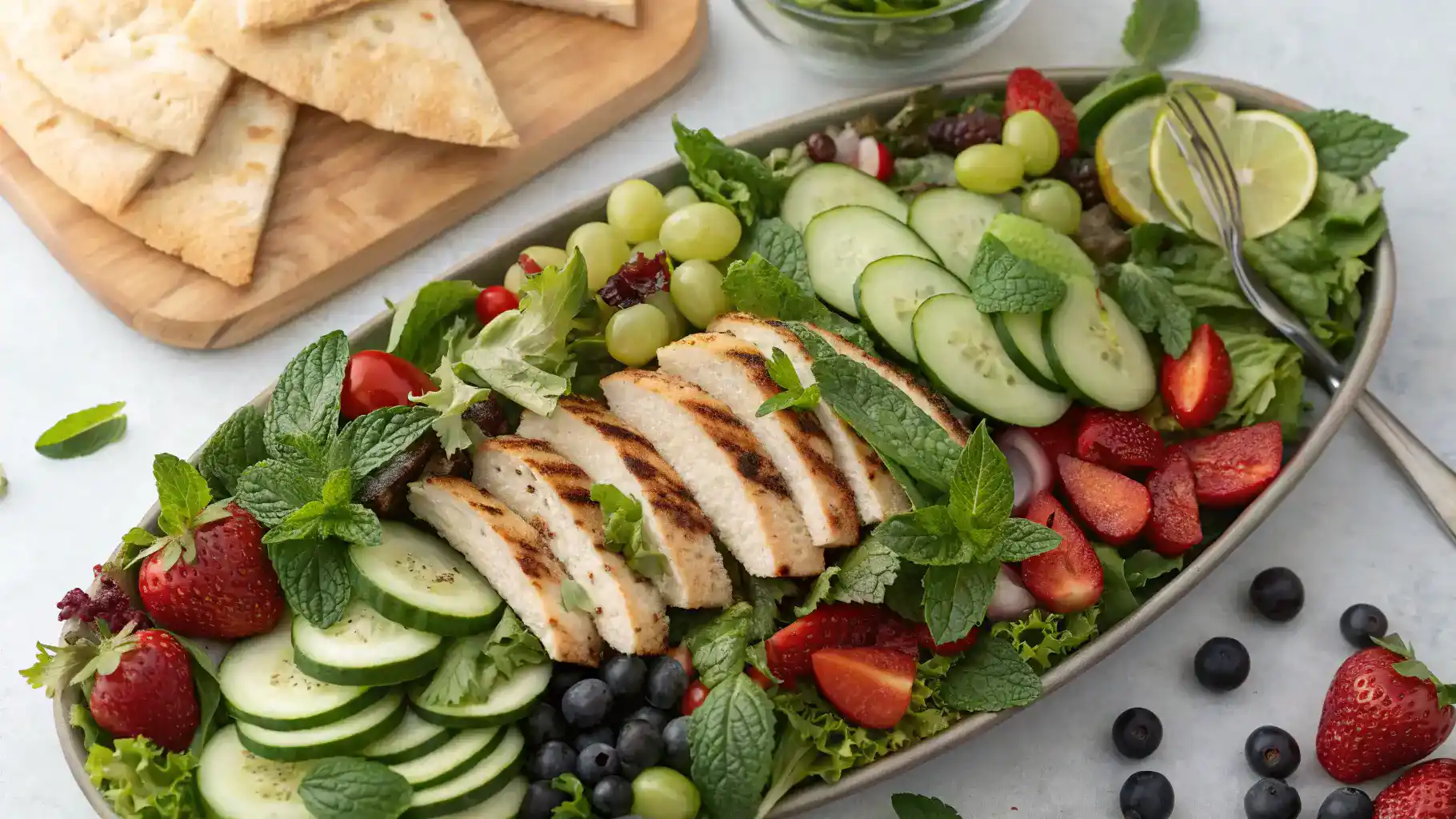 Serving suggestions for minted greens salad with grilled chicken and fruits.