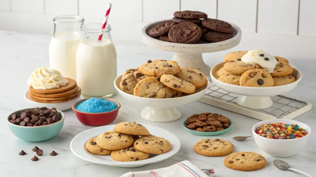 Different serving suggestions for Pillsbury cookies, including ice cream and milk.
