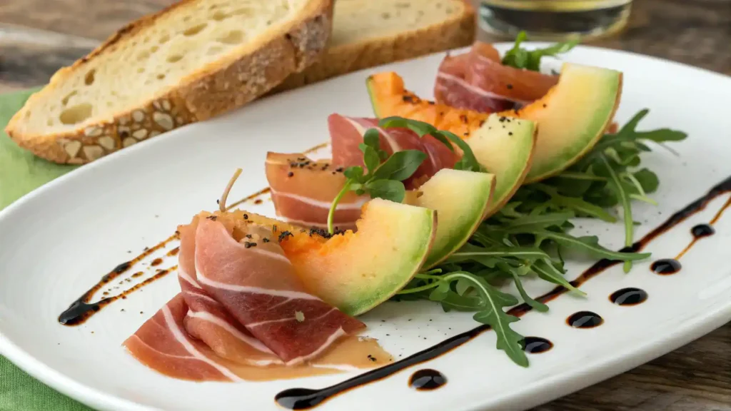 Prosciutto e melone served elegantly with arugula and crusty bread.