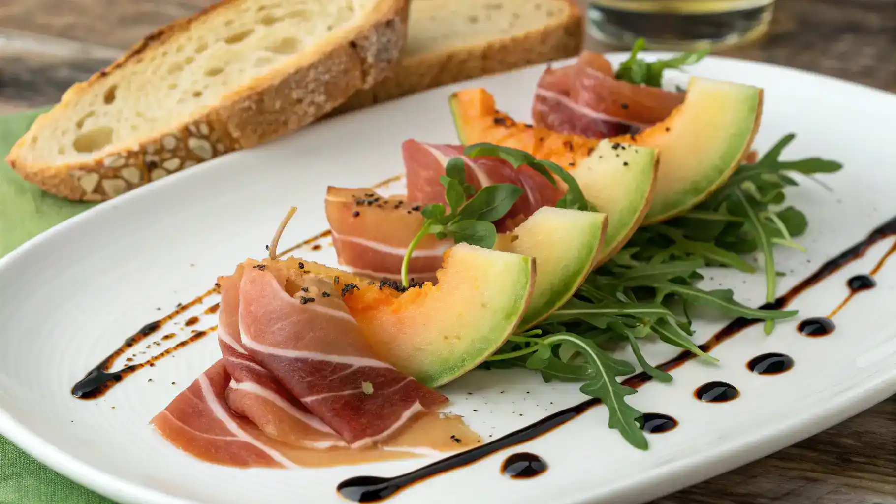 Prosciutto e melone served elegantly with arugula and crusty bread.
