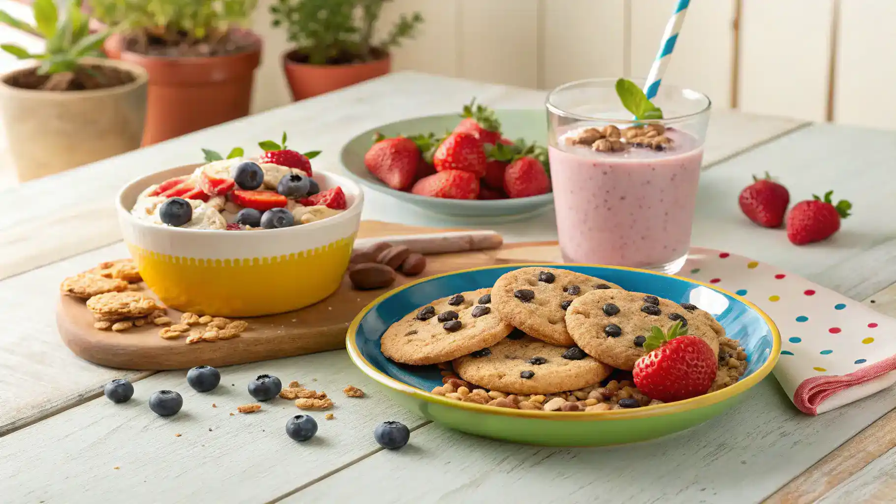 Protein cookies served with yogurt and berries.