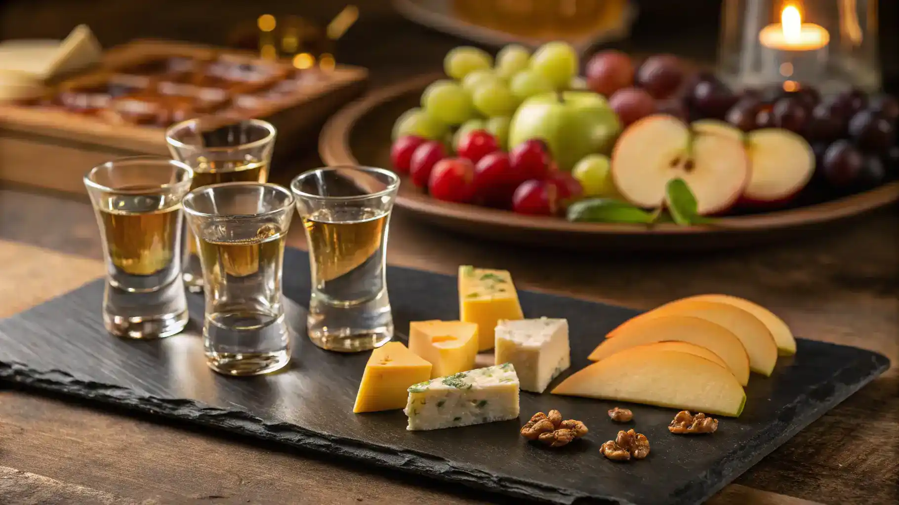 Schnapps served in shot glasses with a cheese platter and fresh fruits, showcasing delightful pairings.