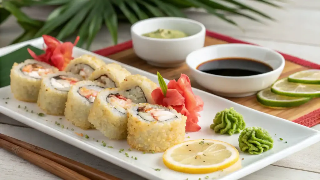 Serving suggestions for shrimp tempura rolls with garnishes and sides.