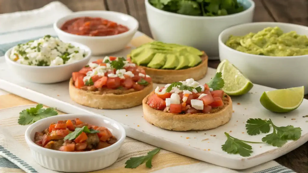 Sopes served with toppings and sides on a dining table.