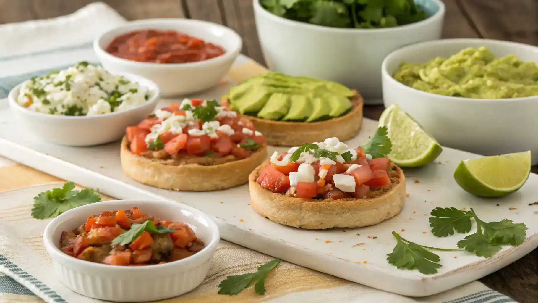 Sopes served with toppings and sides on a dining table.
