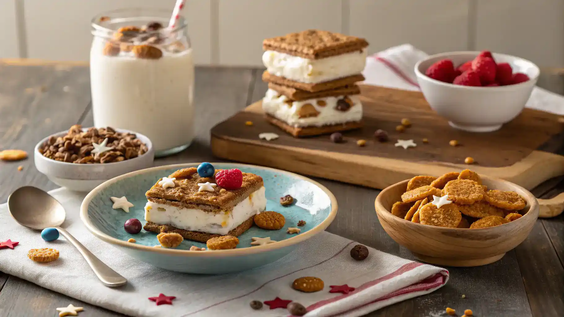 Different serving suggestions for Star Crunch treats, including milk and ice cream.