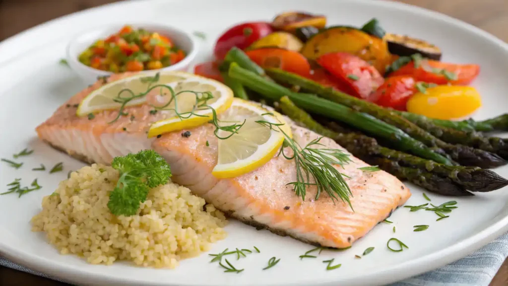 A beautifully served steelhead trout meal with colorful side dishes and garnishes.