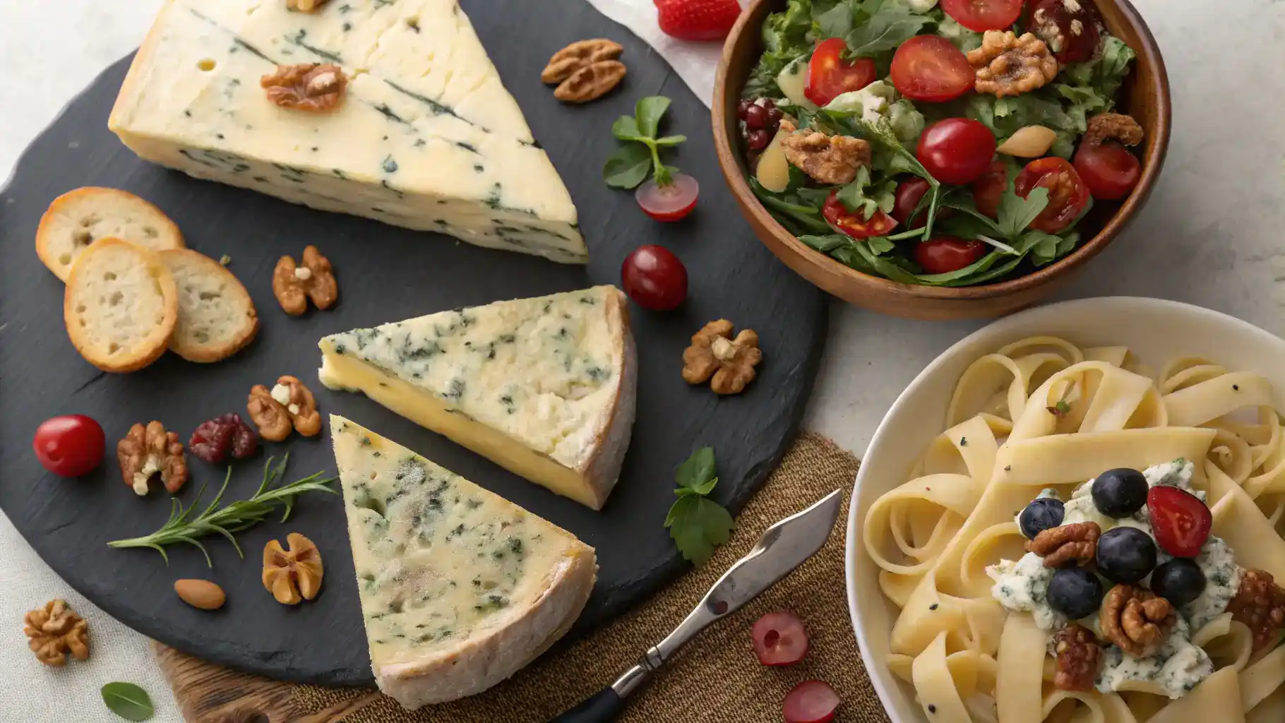 Creative serving ideas for stilton cheese including salads and pasta dishes.