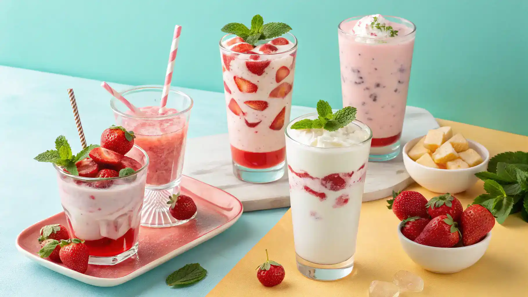 Different serving ideas for strawberry milk.
