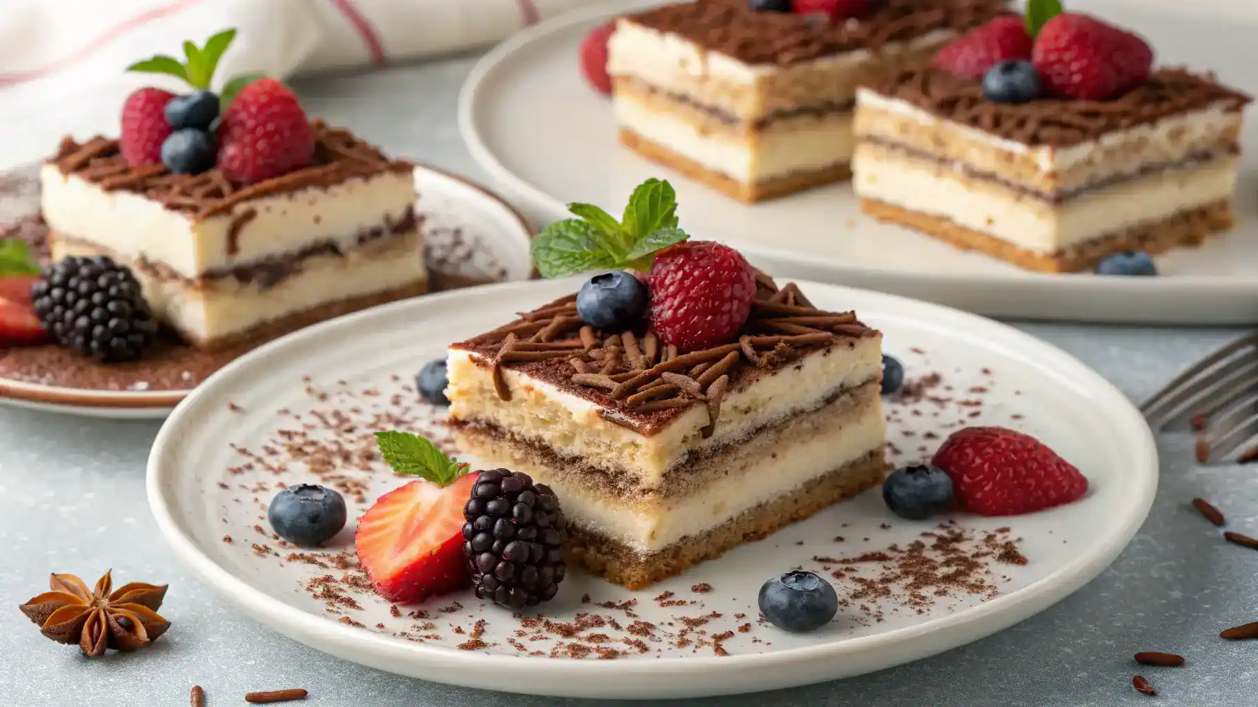 Serving suggestions for tiramisu cake with garnishes.