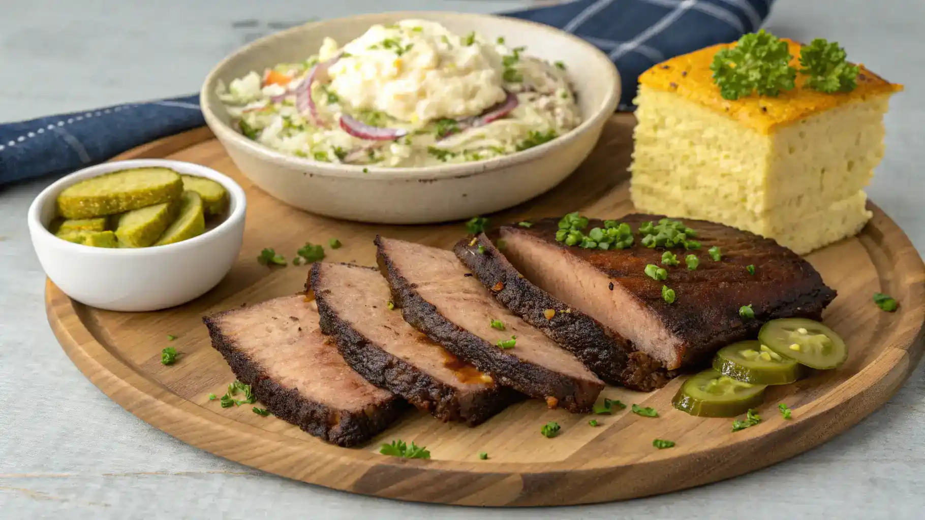 Sliced brisket served with coleslaw, cornbread, and pickles.