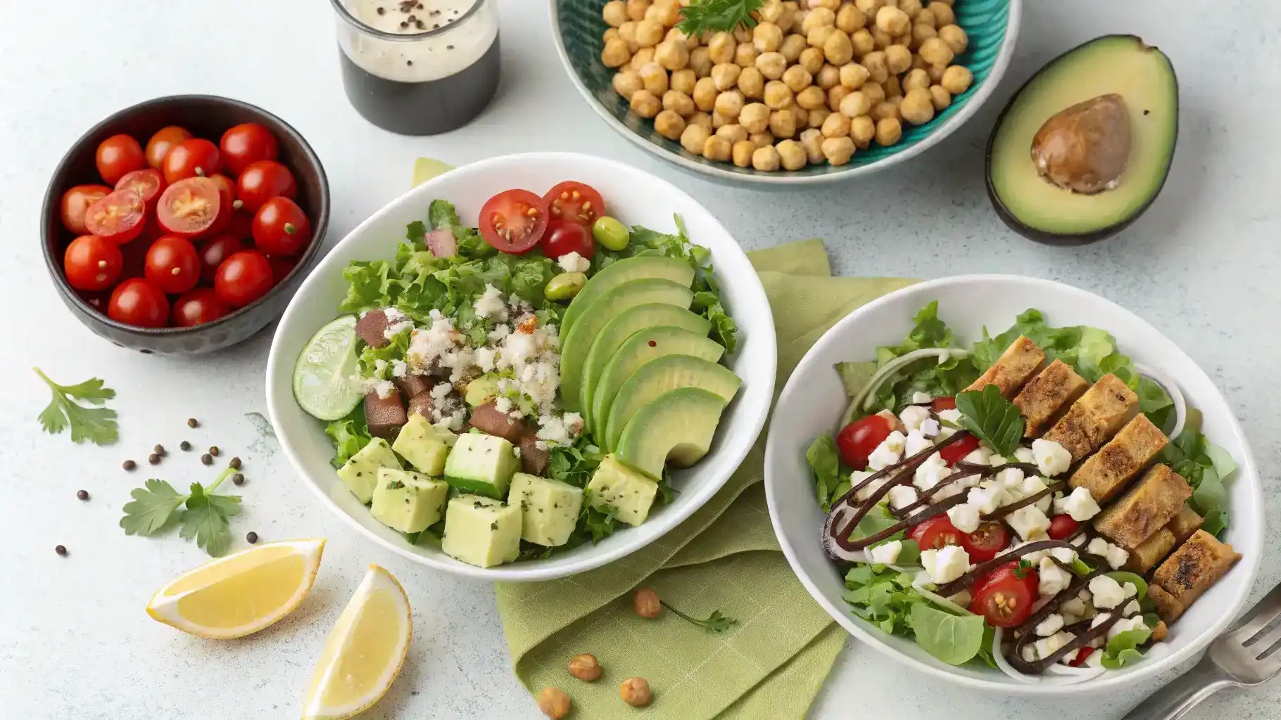 Different serving suggestions for salads, including toppings like grilled chicken, nuts, and fresh herbs.