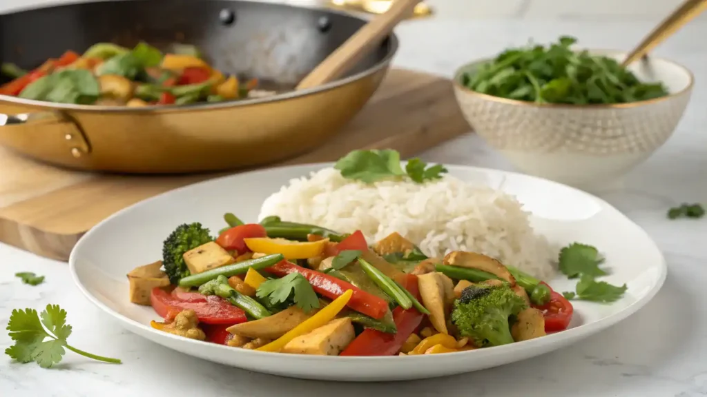 A beautifully plated stir-fry from a golden wok, served with jasmine rice and garnished with fresh herbs.