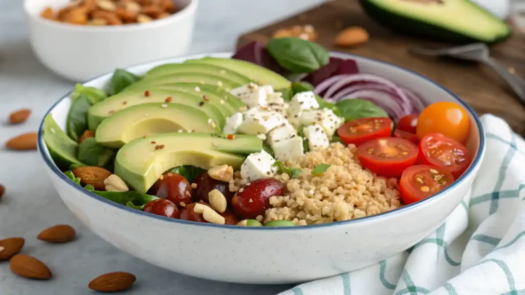 A Yummy Bowl served with avocado, feta cheese, and nuts, garnished with fresh herbs.