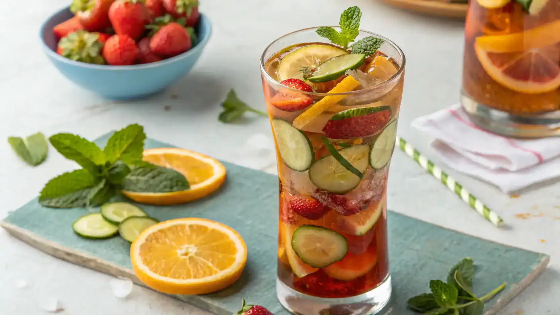 A beautifully presented Pimms mocktail served with garnishes.