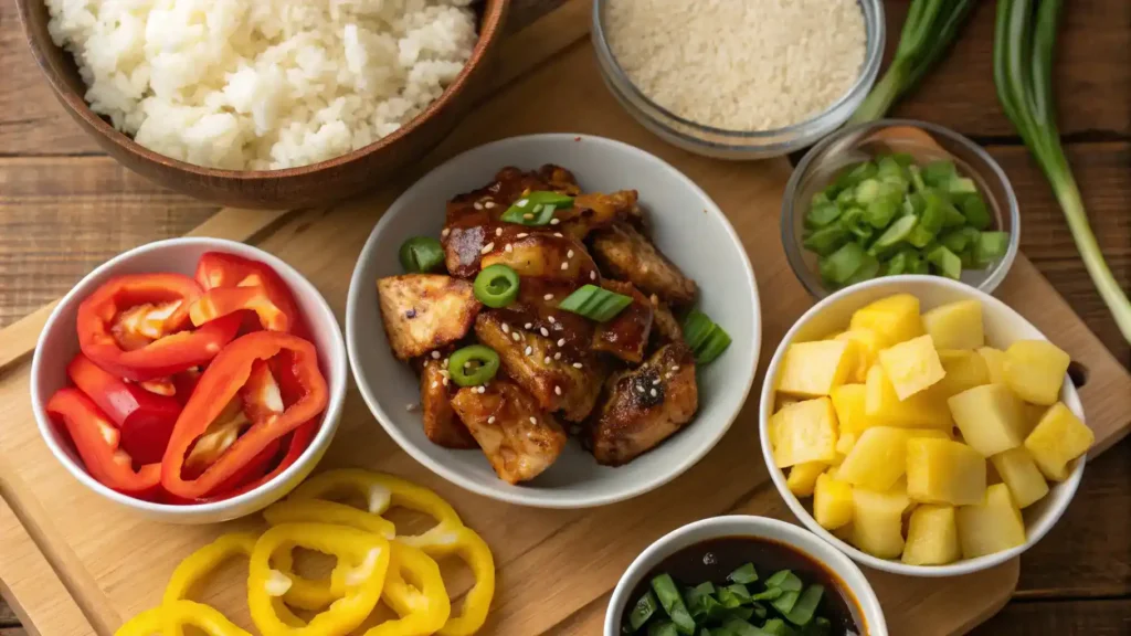 A colorful array of ingredients for a Hawaiian dish, including chicken, teriyaki sauce, rice, and fresh vegetables.