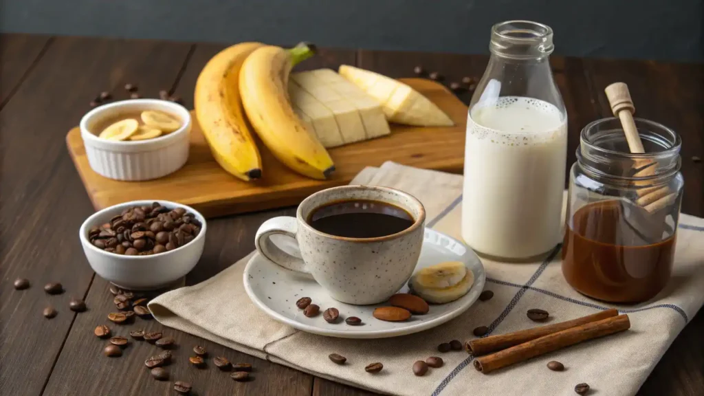 Ingredients for banana coffee including bananas, coffee, almond milk, honey, cinnamon, and vanilla extract.