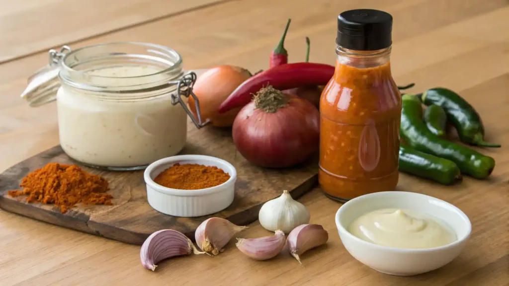 Ingredients for Boom Boom Sauce displayed on a wooden countertop.