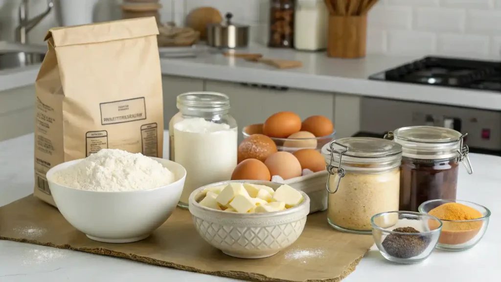 Ingredients for cake baking displayed on a kitchen counter.