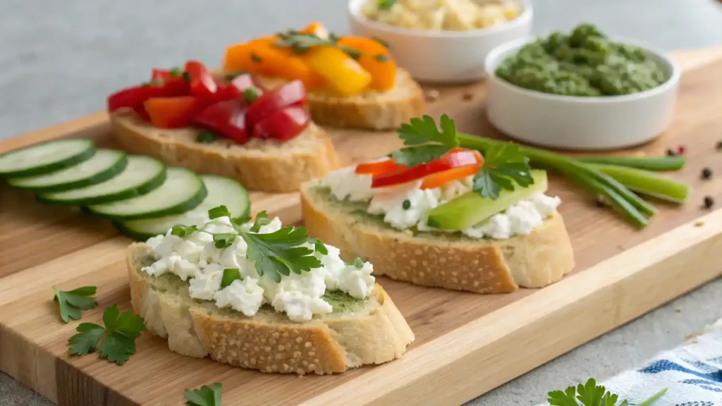 A colorful array of ingredients for making canapes, including bread, cheese, and fresh vegetables.