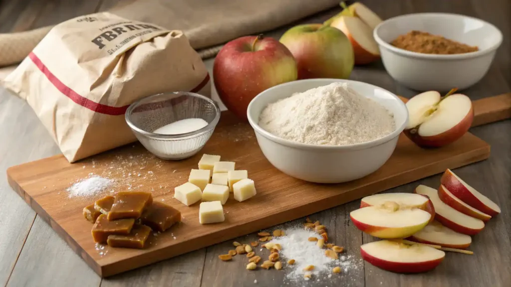 Ingredients for candy apple cookies displayed on a wooden countertop.
