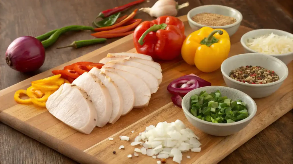 Ingredients for Chicken Fiesta displayed on a wooden cutting board.