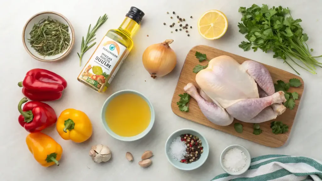 Ingredients for Chicken King recipe including chicken, olive oil, garlic, and herbs.