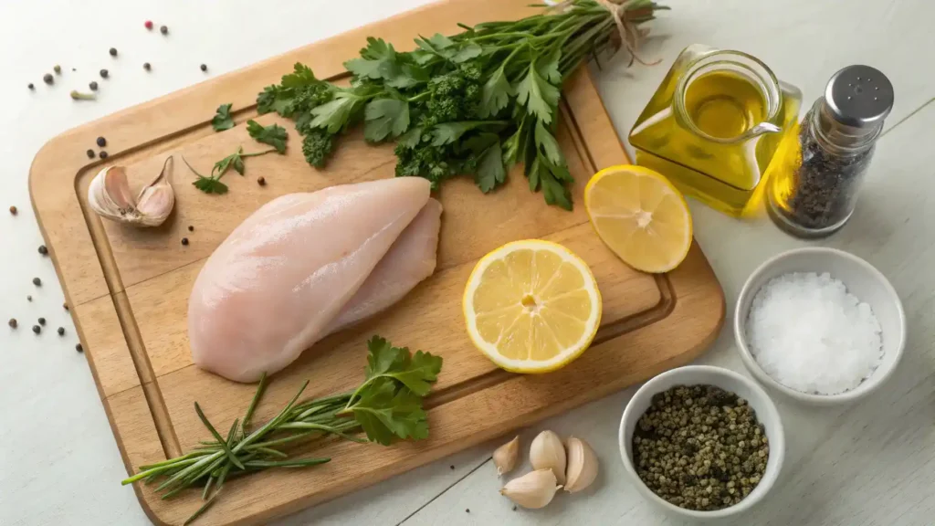 Ingredients for chicken paillard displayed on a cutting board.
