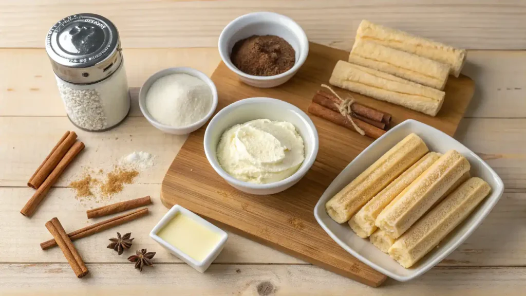 Ingredients for churro cheesecake displayed on a wooden countertop.