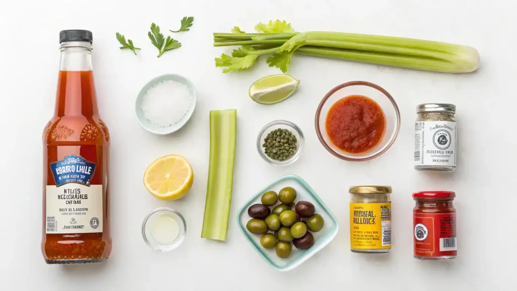 Ingredients for a Clamato drink displayed aesthetically.